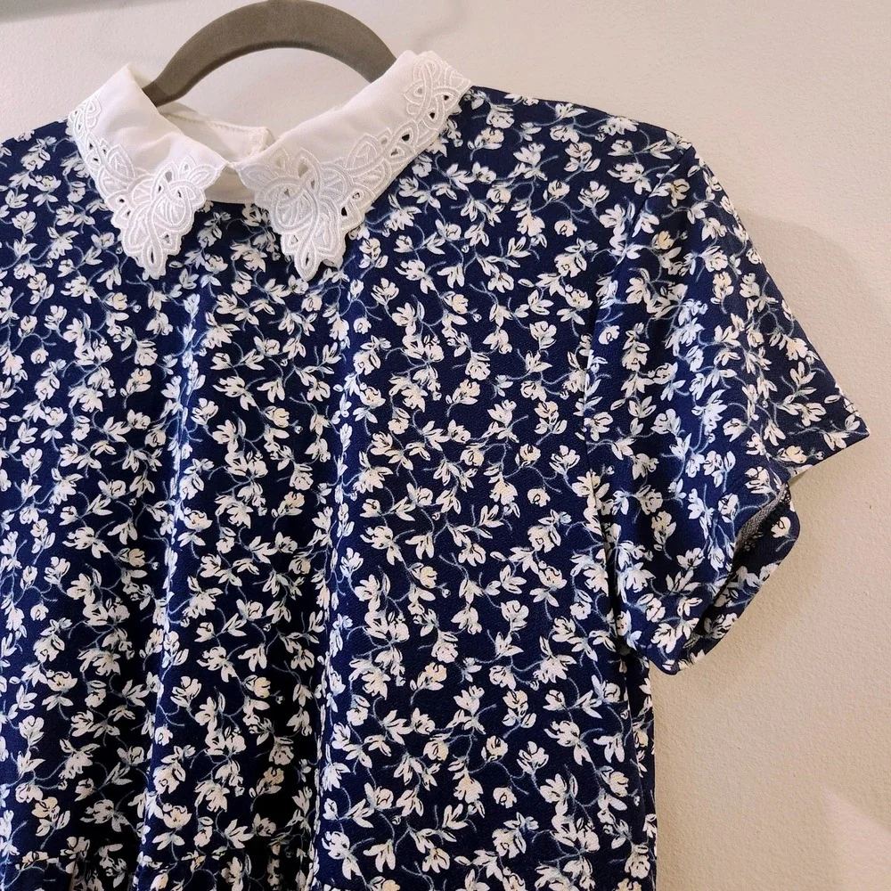 Cottagecore Floral Dress Misia  Vintage Style Preppy Short Sleeve Stretch Navy M